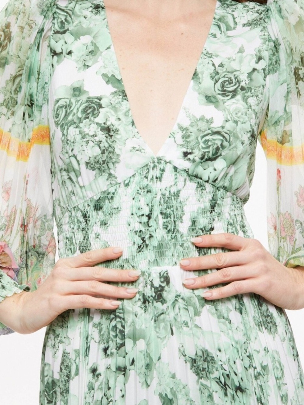 Alice + Olivia Mint Green Floral Pleated Maxi Dress